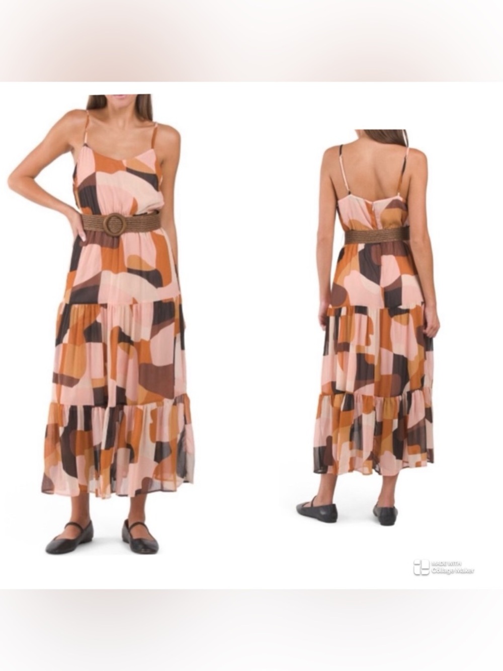 Anne Klein Sleeveless Tiered
Maxi Dress with Belt in Madder
Brown Multi size 6